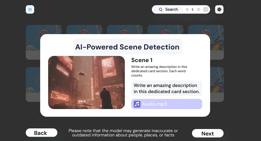 Interface of a digital film storyboard maker showing AI-powered scene detection with a cinematic sci-fi frame and audio integration, streamlining digital storytelling and film pre-production workflows.
