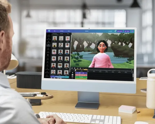 Man working on animated character scenes with motion and effects using digital storyboard software on a desktop, showcasing how a digital storyboard maker streamlines animation and motion graphics planning. Ask ChatGPT