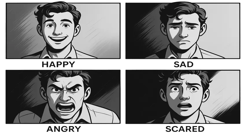 Storyboard showing four character expressions—happy, sad, angry, and scared—used to illustrate how digital storyboard creators enhance clarity with camera movements, shot types, and emotional cues in visual storytelling.