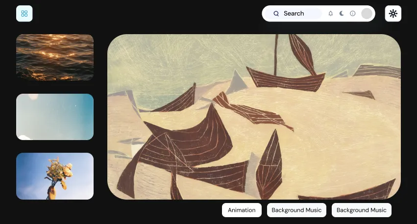 User interface displaying customizable storyboard templates with animation and background music options, representing features of a digital storyboard maker for film, animation, and digital storytelling.