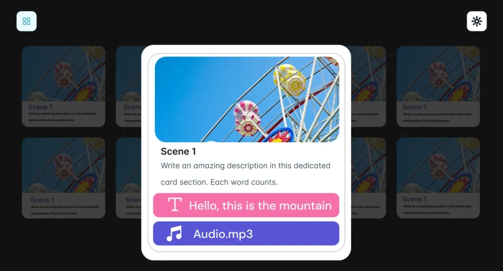 Storyboard editor interface showing a Ferris wheel scene with editable text and audio options, illustrating flexible tools of a digital storyboard maker for enhancing visual storytelling and scene development.