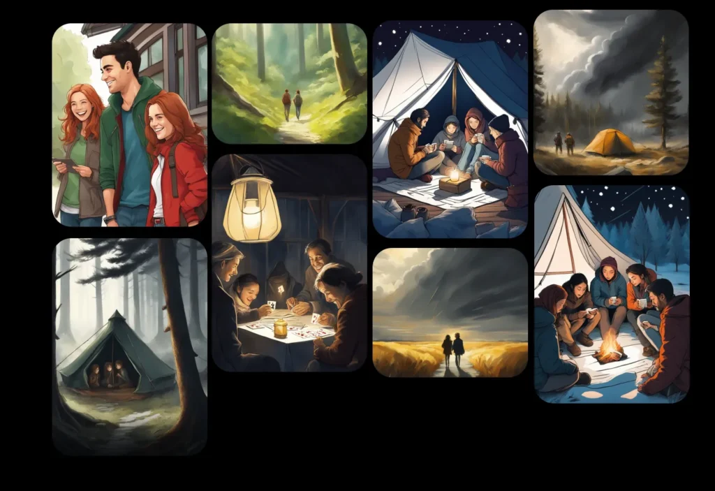 Collage showing diverse storyboarding scenes including friends hiking, campers around a fire, people playing board games, and tents in nature, symbolizing collaboration, planning, and creativity in digital storytelling across industries using a digital storyboard maker.