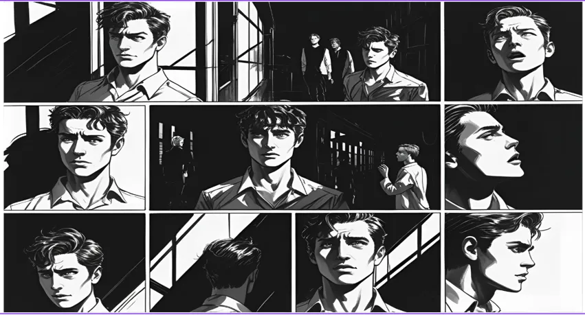 Black-and-white digital storyboard panels showing expressive character emotions and dramatic scene transitions, emphasizing how a digital storyboard maker like Immersify enables clean, focused storytelling with simple, uncluttered editing.