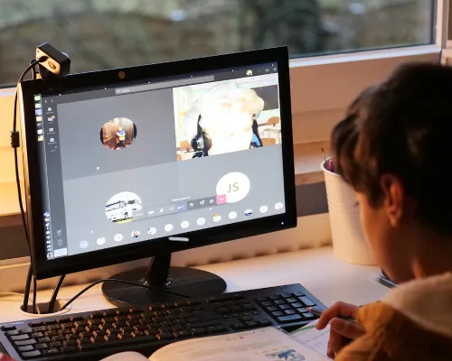 Student participating in a virtual classroom session on a desktop computer, illustrating how educators use digital storyboard software to design interactive e-learning content and explainer videos for enhanced online education.