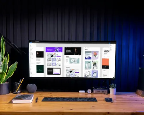 Wide desktop screen displaying UX/UI design layouts and user flow mockups, illustrating how designers use digital storyboard software to map user journeys and streamline web design projects.