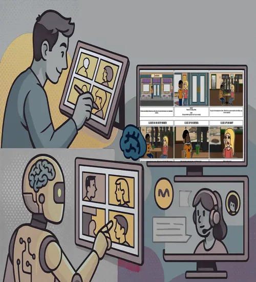 Illustration of a human and a robot collaboratively creating digital comic storyboards on tablets and computers, highlighting how to storyboard a comic using AI tools like Immersfy and develop animation storyboard ideas for multimedia storytelling.








