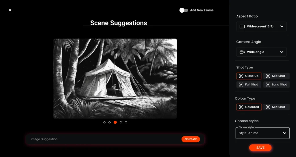 Storyboard video editor interface showcasing AI-generated scene suggestions from script, with customizable options for aspect ratio, camera angle, shot type, and style—ideal for video storyboard creation