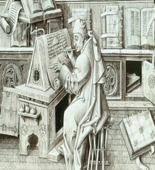 Medieval illustration of a scribe writing with open manuscripts around him, representing early forms of visual storytelling that influenced how to storyboard a comic and develop animation storyboard ideas through sequential imagery. 