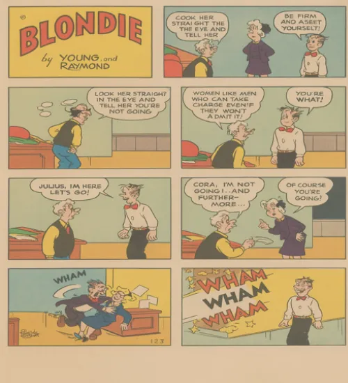 Color comic strip of Blondie featuring humorous dialogue and expressive characters, representing the Golden Age style and demonstrating how to storyboard a comic with clear panel flow and timing—key elements for developing animation storyboard ideas.