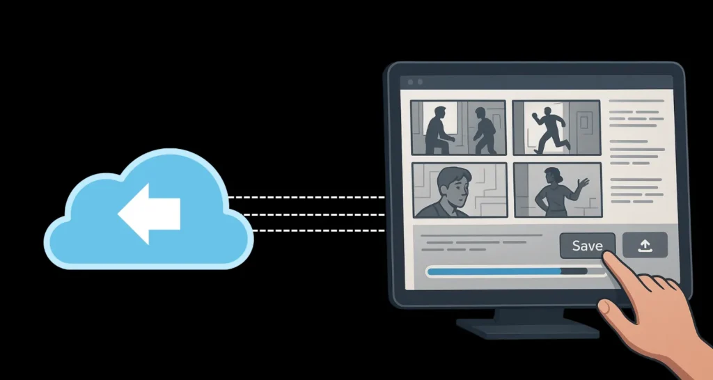 Illustration of a storyboard video editor saving content to the cloud in real-time, showing auto-save functionality that protects progress and ensures secure storage for storyboard creators
