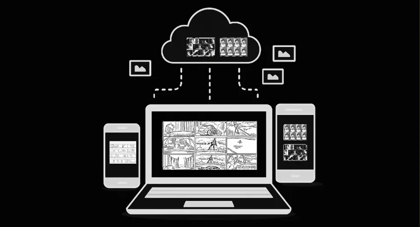 Illustration of a cloud-based online storyboard creator with storyboard sketches synced across a laptop and smartphones, emphasizing remote access, sharing, and secure cloud storage features for storyboard makers.