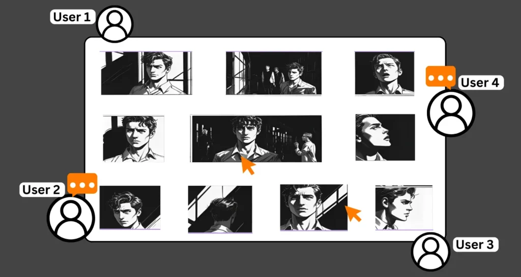 Storyboard web interface showing multiple users leaving comments and interacting with individual frames, illustrating how a storyboarding website enables team collaboration and version tracking.