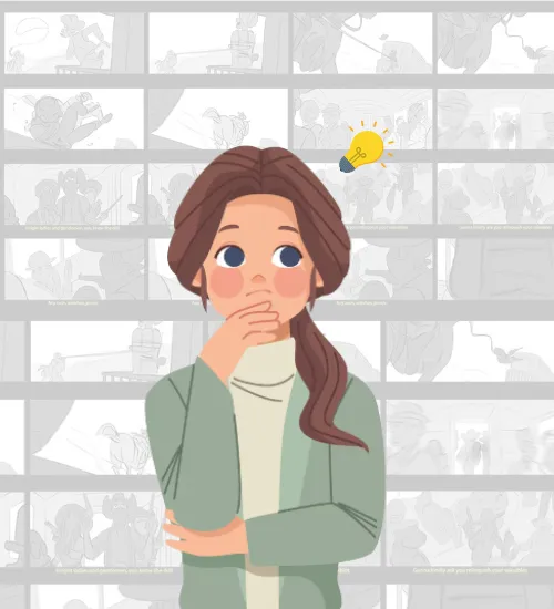 Illustration of a thoughtful woman with a lightbulb above her head, standing in front of faded comic storyboards, symbolizing the importance of storyboarding in organizing how to storyboard a comic and develop strong animation storyboard ideas.








