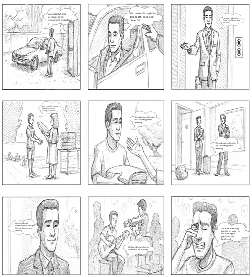 Hand-drawn storyboard sequence showing a man's journey through various life events, used to demonstrate how to storyboard a comic by visually planning each scene and refining animation storyboard ideas before final illustration. 