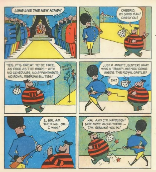 Colorful vintage comic strip featuring a humorous royal scene with clear panel transitions and expressive characters, illustrating how to storyboard a comic during the Silver and Bronze Ages and explore animation storyboard ideas with evolving themes. 