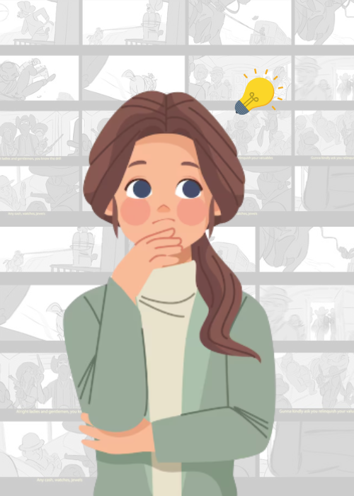 Woman brainstorming creative ideas for storyboarding with illustrated storyboard panels and light bulb icon in the background