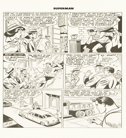 Vintage black-and-white Superman comic strip with sequential panels, dialogue, and action scenes, illustrating how to storyboard a comic in the early print era and laying the groundwork for modern animation storyboard ideas.