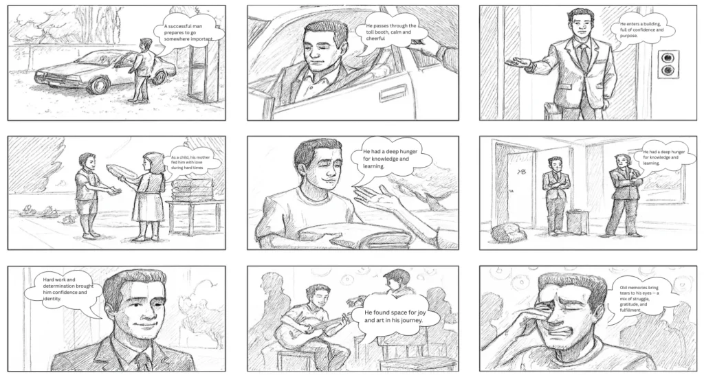 Illustrated storyboard for a TV commercial showing a man’s life journey through scenes of growth, family, education, and reflection—used to maintain consistent emotional tone and branding across an ad storyboard.