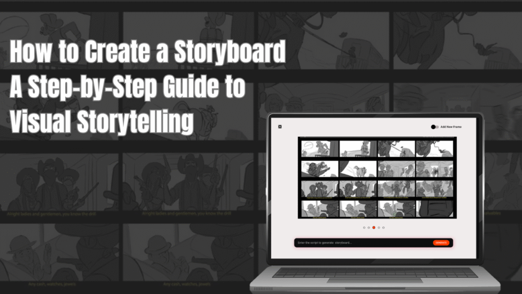 Laptop screen displaying storyboard frames with overlay text “How to Create a Storyboard: A Step-by-Step Guide to Visual Storytelling” for beginner-friendly tutorial.