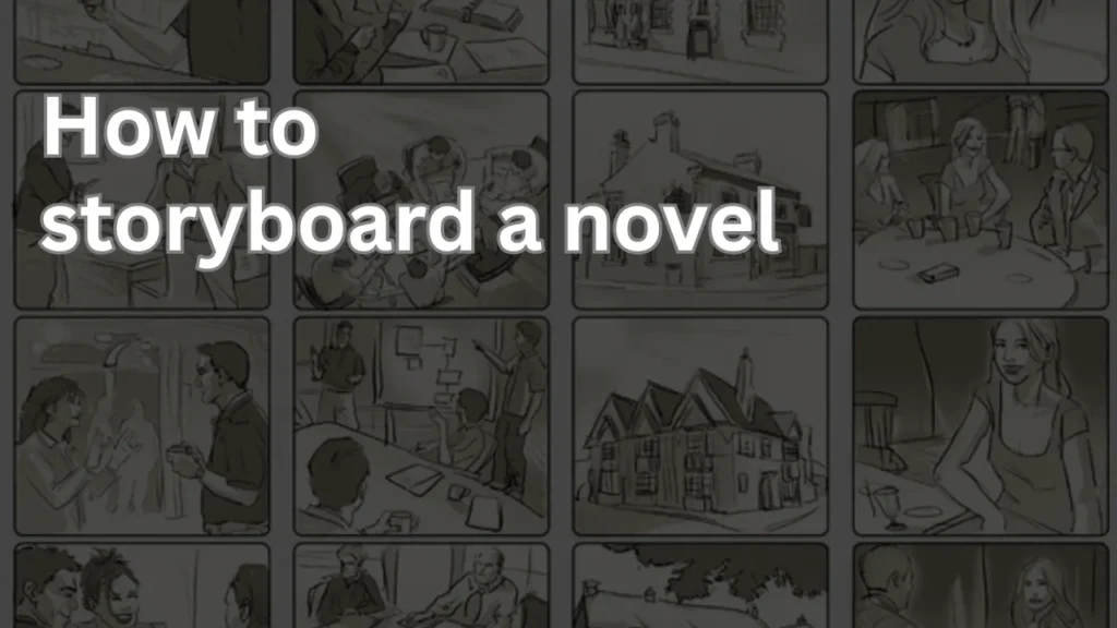 Collage of hand-drawn storyboard panels depicting various narrative scenes with the text "How to storyboard a novel" overlaid, representing the process of planning and visualizing a novel's structure.