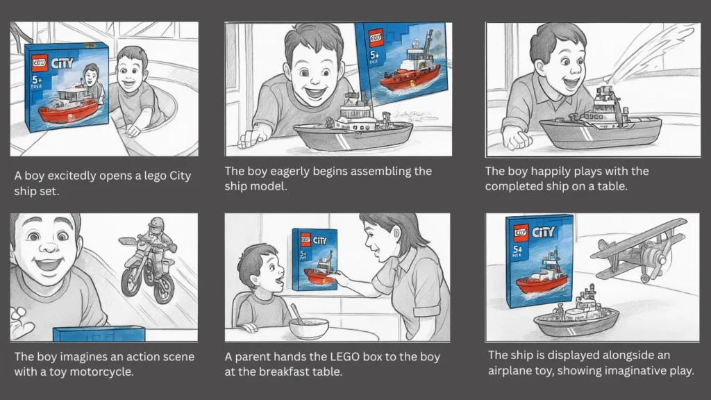 A six-panel storyboard showing a young boy receiving a LEGO City ship set, assembling it, and engaging in imaginative play with the ship, an airplane, and a motorcycle toy—used as a visual example of how to storyboard a short film effectively.