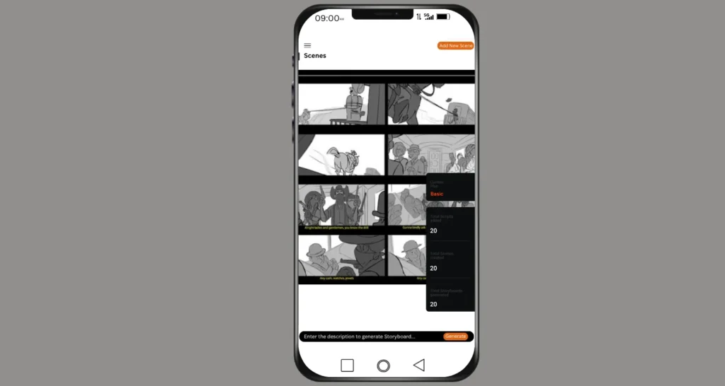 Smartphone interface displaying a storyboard video maker app with scene thumbnails, script input, and generation tools, allowing users to create and manage storyboards anywhere, anytime