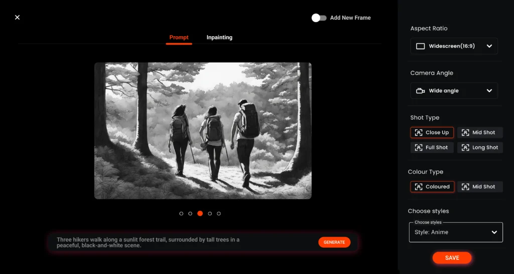 Interface showing a black-and-white storyboard frame of three hikers walking through a forest, with tools to adjust aspect ratio, shot type, and style—used for detailing scenes in an advertisement storyboard.