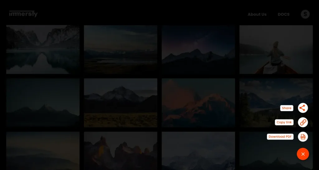 Online storyboard creator interface with export and sharing options including PDF download, link sharing, and instant social sharing, enabling efficient storyboard distribution and presentation.