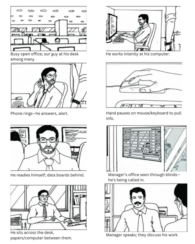 Storyboard sequence created using a storyboarding app, showing a professional's journey from desk work to a meeting with his manager—ideal for app storyboard creators and storyboard maker tools.