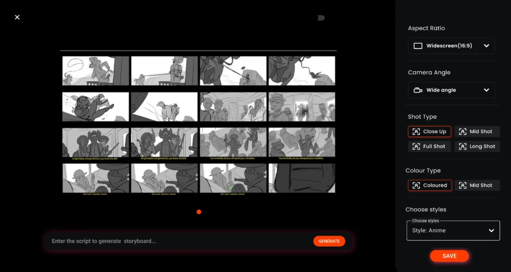 Storyboarding app interface showing an automated storyboard layout generated from a script, with customizable settings for shot type, color, and style—ideal for app storyboard creators and script-based visual planning.
