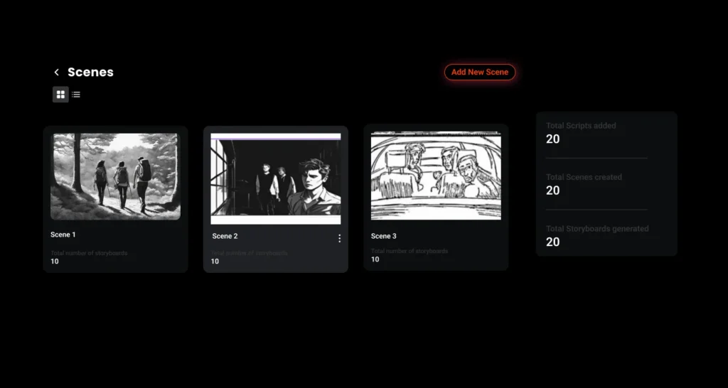 Dashboard view of an online storyboard creator displaying multiple pre-designed scene templates, showing users the option to add new scenes and track total storyboards, ideal for customizable storyboard generation.