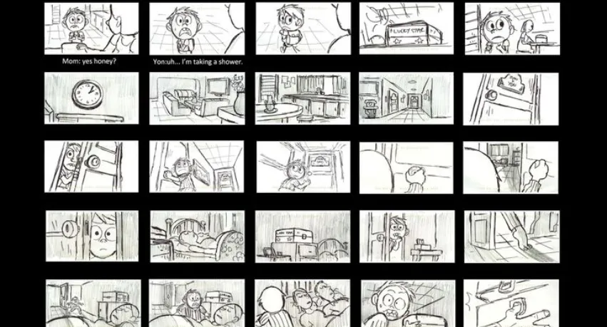 Storyboard creator interface displaying various character sketches with multiple users editing and interacting, highlighting the precision and ease of use of an online storyboard sketch maker for scene creation.