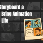 Illustration of a smiling character holding a storyboard sheet with comic panels, used to promote a tutorial on how to storyboard a comic and bring animation storyboard ideas to life using Immersfy’s digital tools.