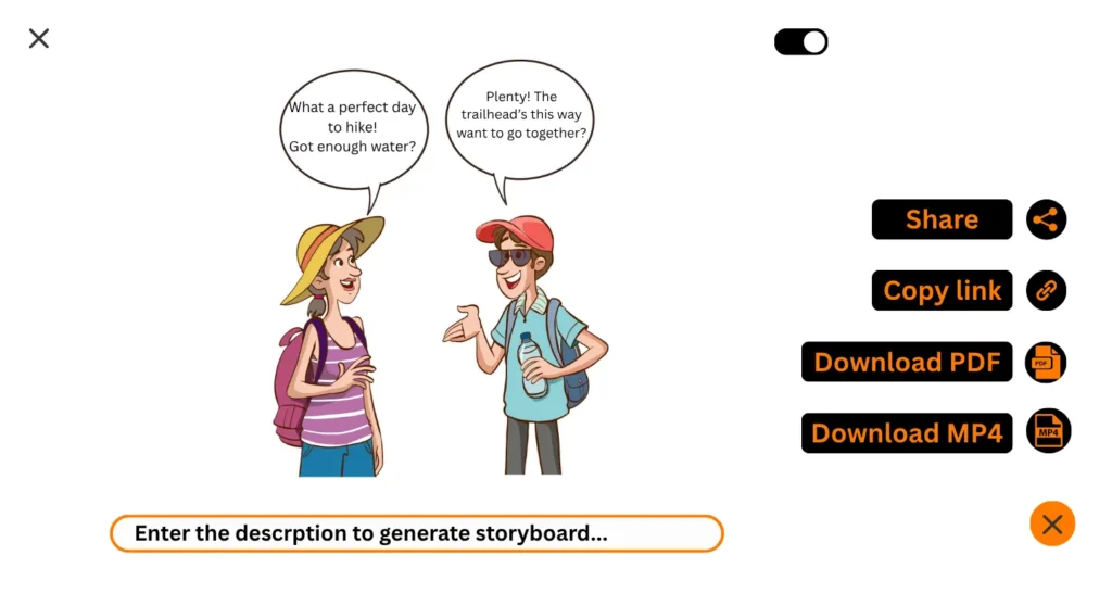 Two cartoon hikers talk in a storyboard web interface with export options for PDF and MP4, demonstrating how a storyboard website allows quick motion comic or animatic generation.
