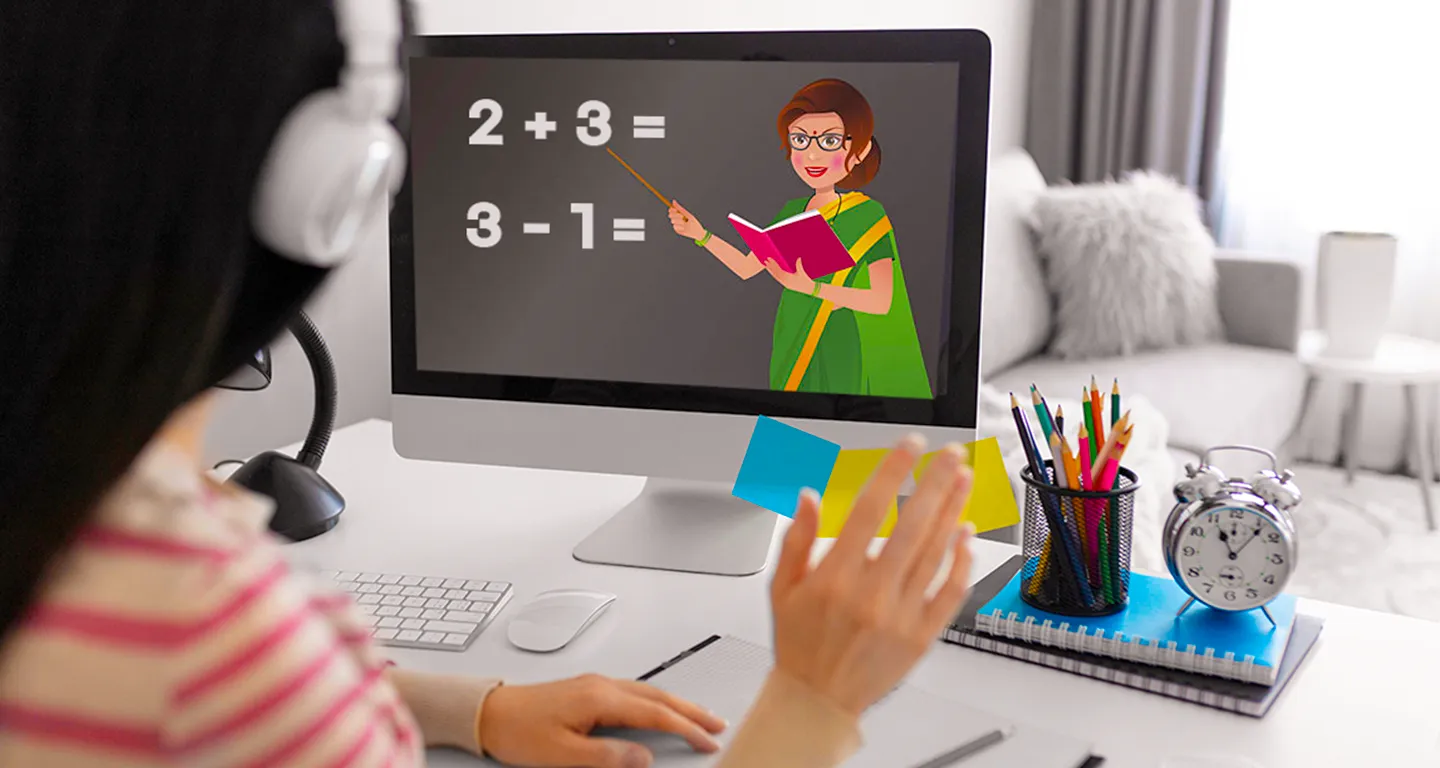 Student attending an online class with animated teacher and math lesson on screen, showcasing how educators use a storyboarding app to design engaging e-learning content and explainer videos.