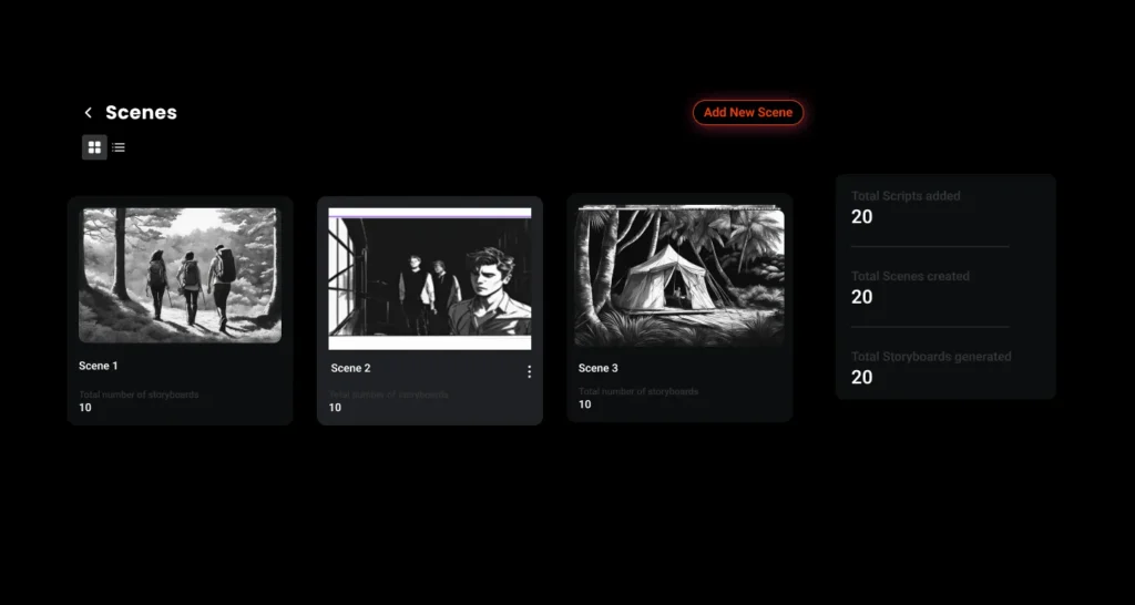 Dashboard view displaying visual frames of three storyboard scenes for a TV commercial, with sketches including hikers, a dramatic indoor shot, and a camping tent, used to conceptualize advertisement flow.