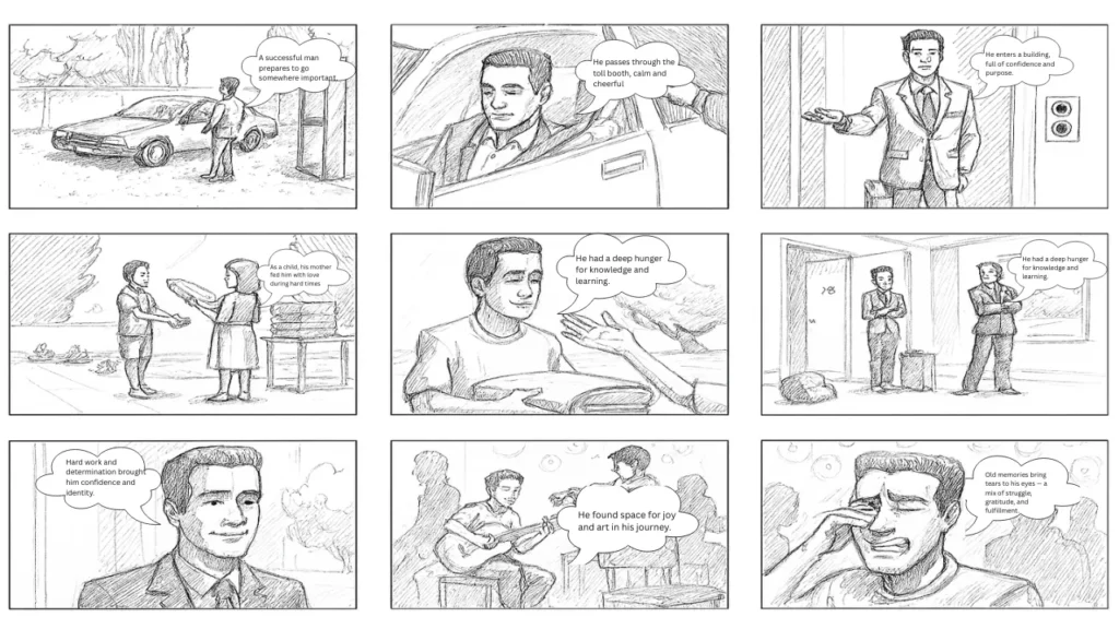 Hand-drawn storyboard showing a man's emotional and professional journey, from a humble childhood with his mother feeding him during hard times, through education and artistic growth, to confident adulthood, used as an example of how to storyboard a novel.