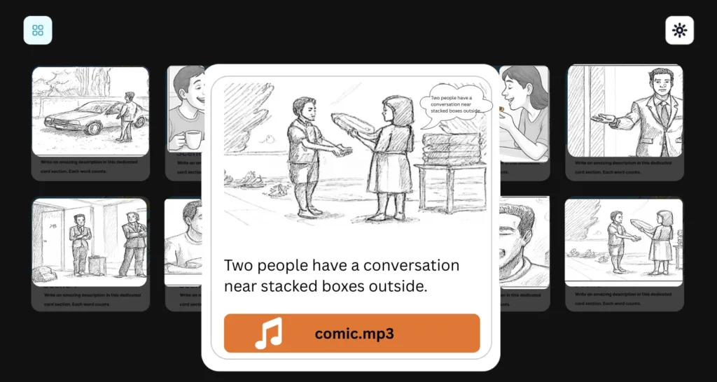 Comic-style storyboard frame showing two characters talking near stacked boxes outdoors, with a highlighted audio file and dialogue bubble, illustrating how voiceovers and on-screen dialogue enhance ad storyboard scenes.