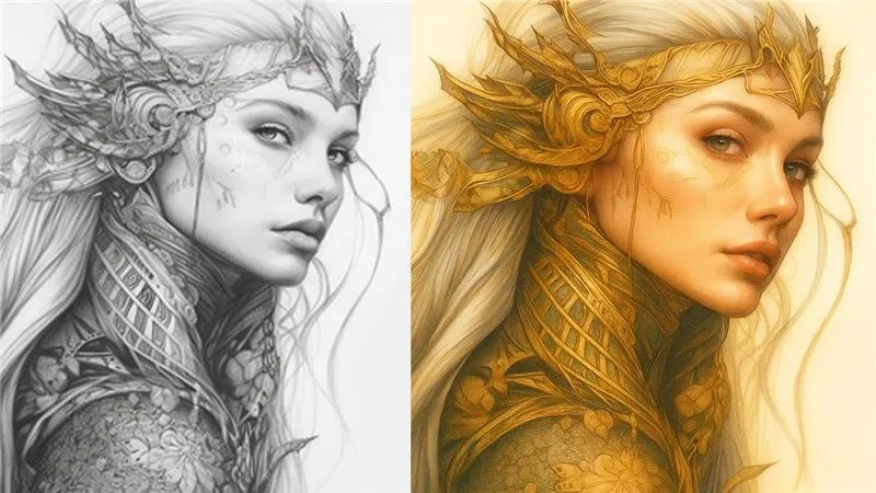 Side-by-side comparison of a fantasy female character in ornate armor, showing the transition from hand-drawn sketch to full-color AI-enhanced render, illustrating how AI accelerates the storyboarding process in creative industries.