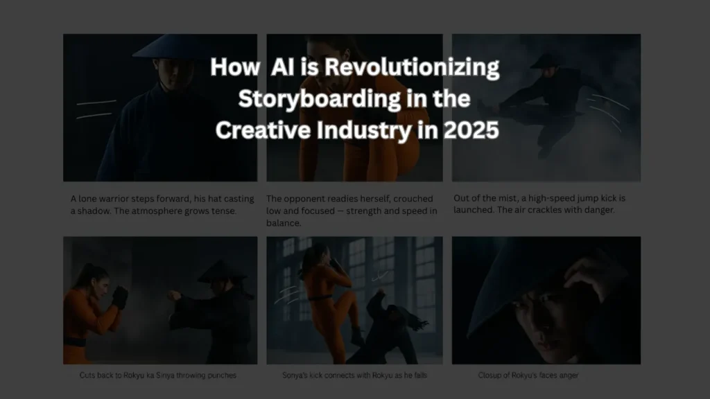 A storyboard-style collage showing AI-generated action scenes featuring a martial artist and a female fighter in dynamic poses, illustrating how AI transforms the storyboarding process in filmmaking and creative production by enabling rapid scene generation and visual storytelling in 2025.