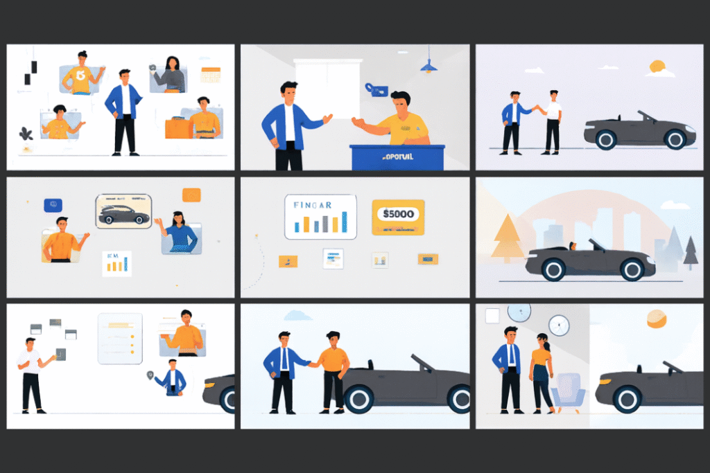 Nine-panel animated storyboard showing diverse characters interacting in scenes involving car purchase, charts, and financial visuals, representing the 7-step process of storyboarding for motion graphics from script development to final design.