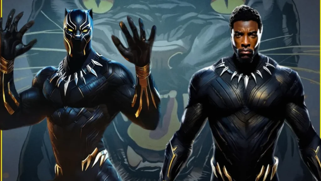 Black Panther character and actor side-by-side highlighting below-the-line costs in film budget breakdown, including elaborate costumes, props, and set construction for Wakanda