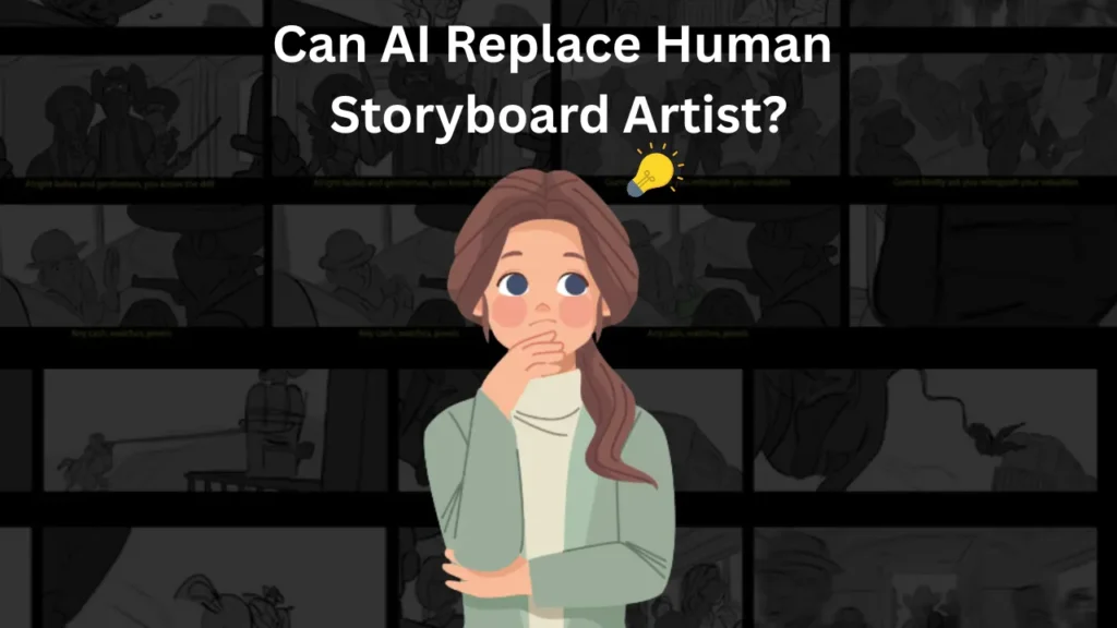 Cartoon image of a woman pondering the question "Can AI replace human storyboard artists?" with storyboard panels in the background, illustrating how AI assists in storyboarding but cannot replace the emotional nuance and creative instincts of human artists in the production process.