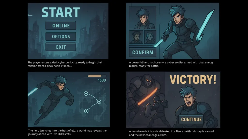 Storyboard for a game featuring a cyberpunk hero navigating game menus, selecting characters, battling a robot boss, and achieving victory—illustrating the importance of game storyboarding in visualizing player experience and structuring development.