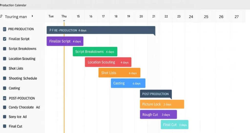 Production calendar showing daily tasks for pre-production and post-production phases, representing a day-by-day film budget template that helps track expenses tied to script work, casting, scouting, and final editing.