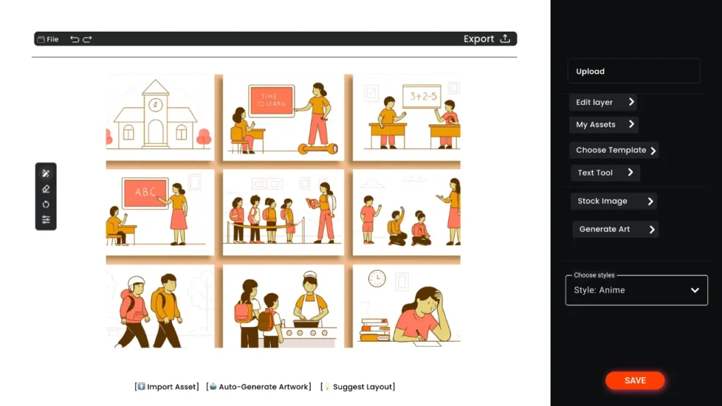 Illustrated storyboard interface showing nine educational-themed frames with teachers, students, and classroom scenes, displayed within a digital storyboard creation tool used for motion graphics planning and editing.