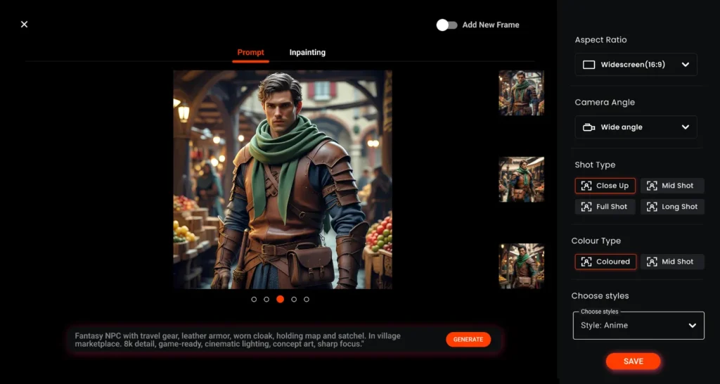 Screenshot of Immersfy AI character generator displaying a fantasy NPC with leather armor and travel gear in a medieval marketplace, ideal for AI game character creation