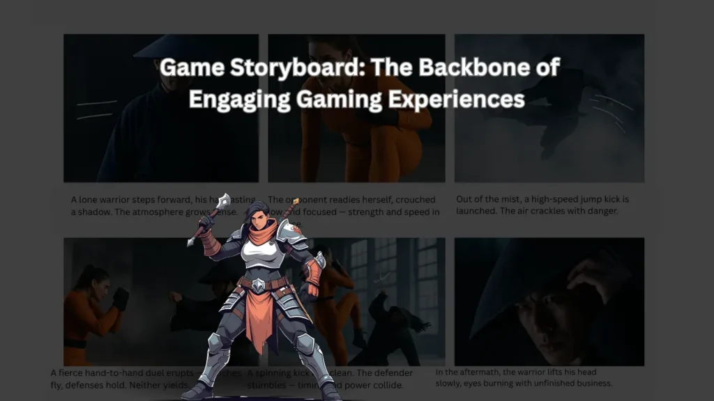 Illustrated female warrior in armor holding a sword in front of storyboard panels, representing the creative process of designing a game storyboard for engaging gaming experiences.