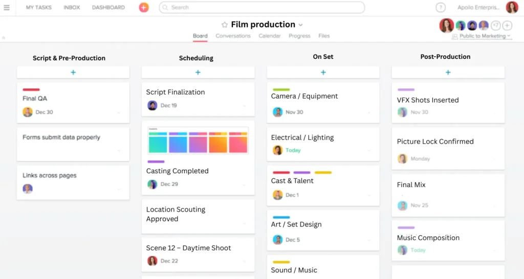 Collaborative project board for film production showing task stages from script to post-production, highlighting how movie budgeting software enables real-time updates and cost tracking by producers and crew.