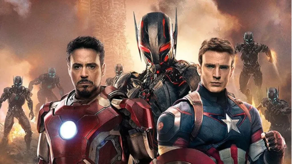 Avengers characters Iron Man and Captain America in a high-budget scene, illustrating above-the-line film budget breakdown with focus on star actor salaries and creative team expenses